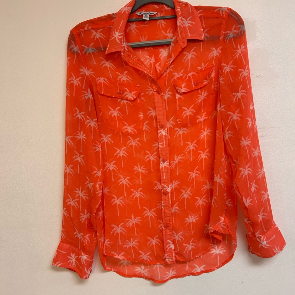American eagle Orange Sheer Palm Tree Print Blouse